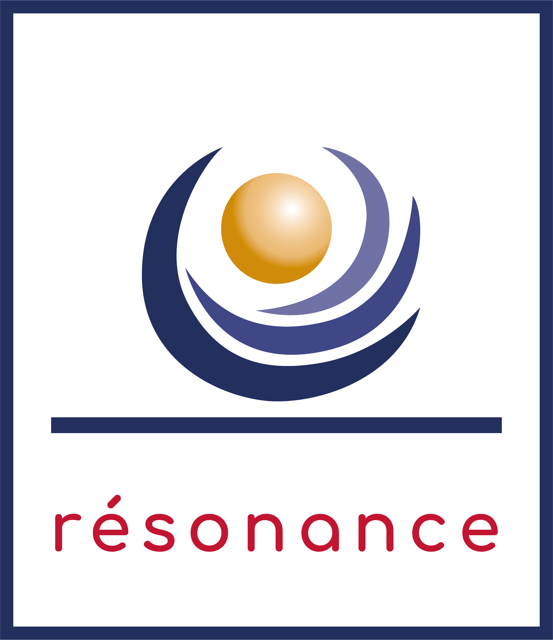 Dieses Bild zeigt das Logo der Firma résonance Feng Shui Beratung. Es ist in den Farben blau / gold / rot gehalten. Der Schriftzug résonance ist in rot und befindet sich am unteren Rand. Darüber befindet sich auf einem etwas dickeren, blauen Strich eine Art Schale, welche aus in drei unterschiedlichen blau gehaltenen 